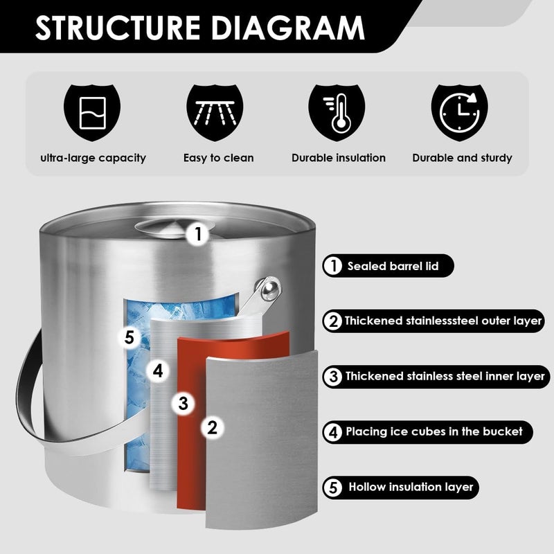 DRAMNYO DREAMYO 3L Double Wall Insulated Stainless Steel Ice Bucket with Scoop for Cocktail Bar,Metal Ice Bucket for Freezer with Lid for Parties.ice Container,bar cart Accessories(Silver) - Image 3